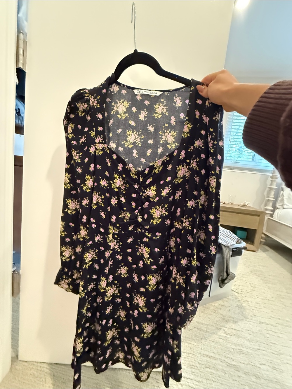 Zara Black Floral Midi Dress with Puff Long Sleeves